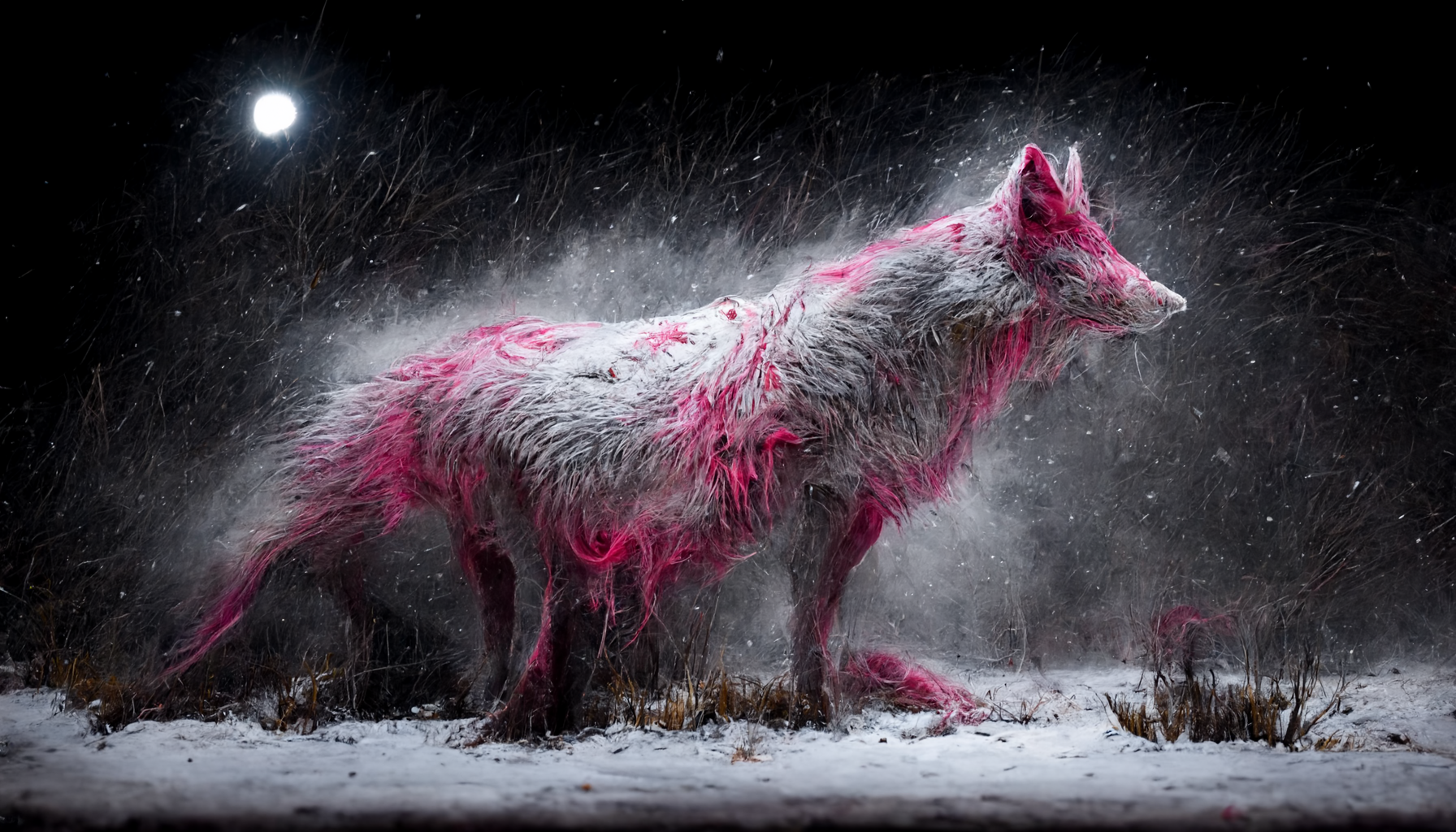 A Pink Wolf In The Middle Of A Snowy Field At Night Pho A8f855ed 1de7 4642 A7c6 Cf2cb037cdd1