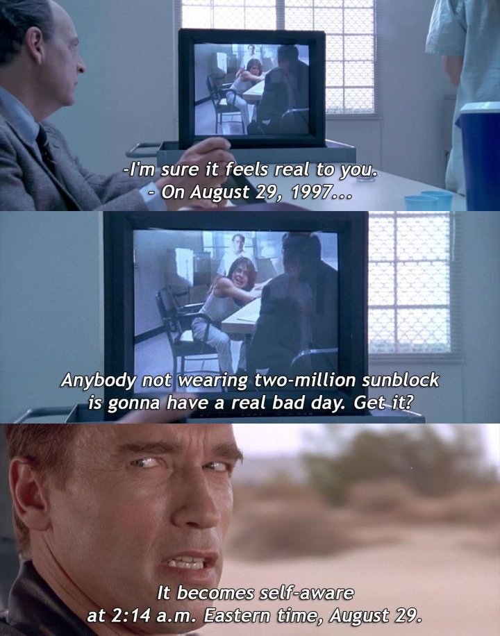 Captures d'écran des scènes où la date du 29 août 1997 est mentionnée dans le film Terminator 2 de 1991. Tout d'abord par Sarah Connor, puis par le T-800 interprété par Arnold Schwarzenegger.