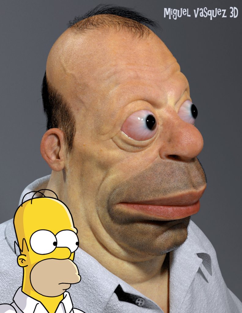 Photo de la tête d'Homer Simpson avec des textures réalistes, ce qui le rend particulièrement monstrueux.