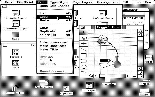 Capture d'écran de l'interface graphique version 1.0 du Lisa d'Apple
