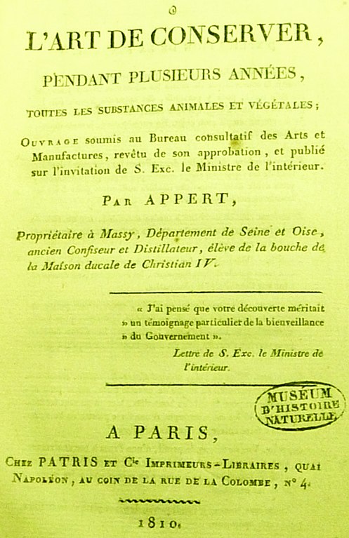Page de garde du livre publié par Nicolas Appert concernant la conservation des aliments en 1810